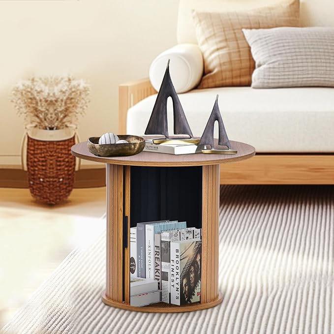 Modern Walnut End Table with Storage - Fluted Design Living Room Accent Table, Tall Bedside Nightstand & Sofa Side Table for Small Spaces, Dark Wood Finish (23.6" Wide, Natural)