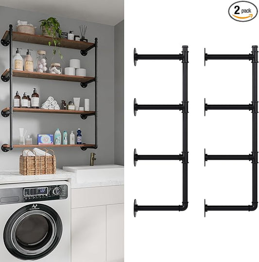 Industrial Pipe Shelf Brackets Wall Mount,Open Black Pipe Shelving for Kitchen,Floating Shelf Brackets Mount,Open Bookshelf Brackets for Shelves,Wall Shelves 12 Inch Deep,(2PcsX4Tier,47" Tall)