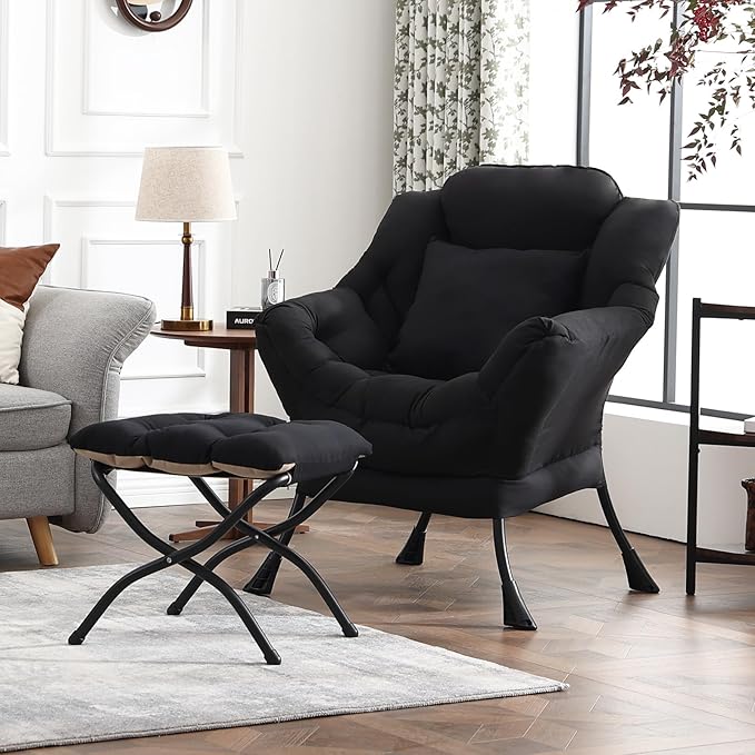 Lazy Chair with Ottoman, Modern Lounge Accent Chair with Armrests and a Throw Pillow, Leisure Sofa Chair Set, Reading Chair with Footrest for Living Room, Bedroom, Dorm Room, Midnight Black