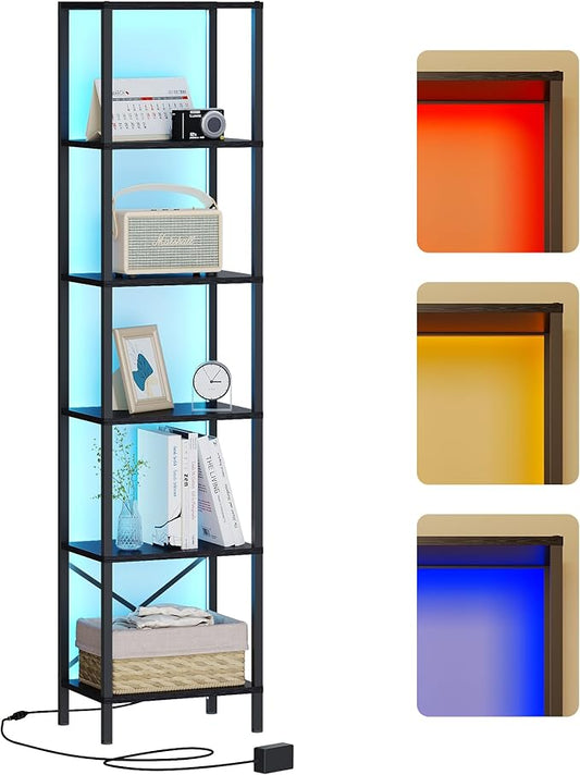 6-Tier Bookshelf, Tall Narrow Bookcase with LED Lights, Book Shelf with Steel Frame, Display Storage Shelf for Living Room, Bedroom, Home Office, Study, Balcony, Black