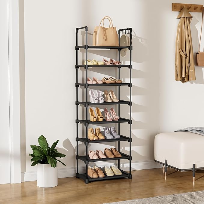 Tall Shoe Rack 8 Tiers, 16-20 Pairs Shoe and Boots Organizer Storage Sturdy Shoe Shelf, Narrow Vertical Shoe Rack for Entryway, Closet, Metal Shoe Organizer with 5 Hooks