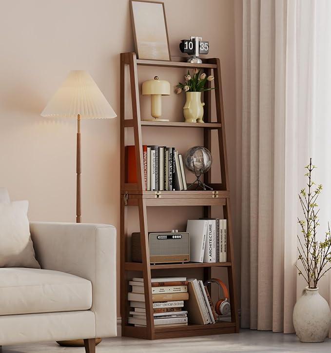 Soild Wood Ladder Book Case Organizer, 4-Tier, Modern Display Bookshelf Wood Frame,Children's Room Free Standing Organizer Storage Cabinet,for Bedroom and Office, Balcony, Walnut