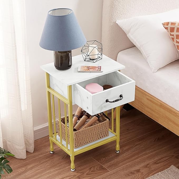 VECELO Nightstands, Industrial Side Table/End Tables with Drawer and Storage Shelf, Night Stands for Bedroom, Living Room, Wood Metal Furniture, Easy Assembly