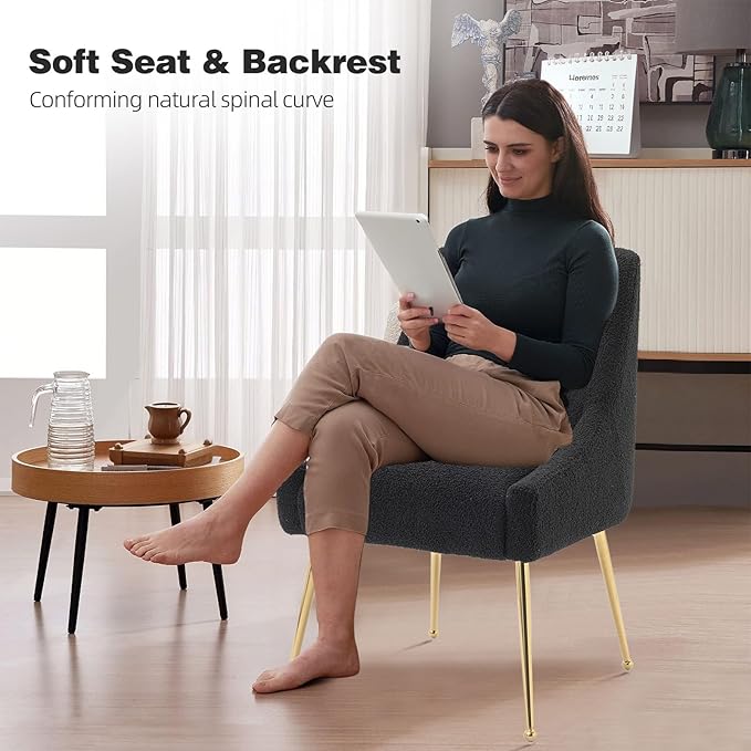 Dining Chairs Medieval Modern Restaurant Chairs, Soft Cushions, Teddy Velvet, Polished Gold Metal Legs, Kitchen Chairs, Living Room Black 6-Piece Set
