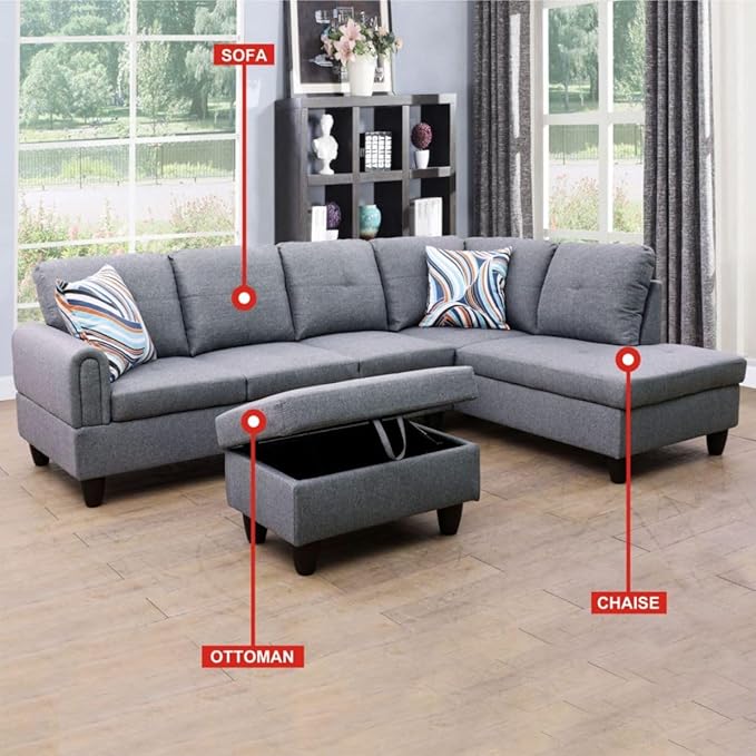 Grey-1 L-Shaped 3-Piece Linen Sofa with Storage Ottoman Set, Sectional Couch Sofa Set for Living Room, Office, Small Space