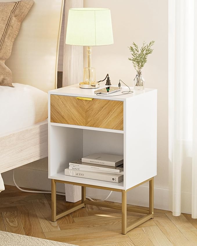 Nightstand with Charging Station, Boho Night Stand Wood Farmhouse Bedside Table with Storage, End Side Accent Table for Bedroom,Living Room,White