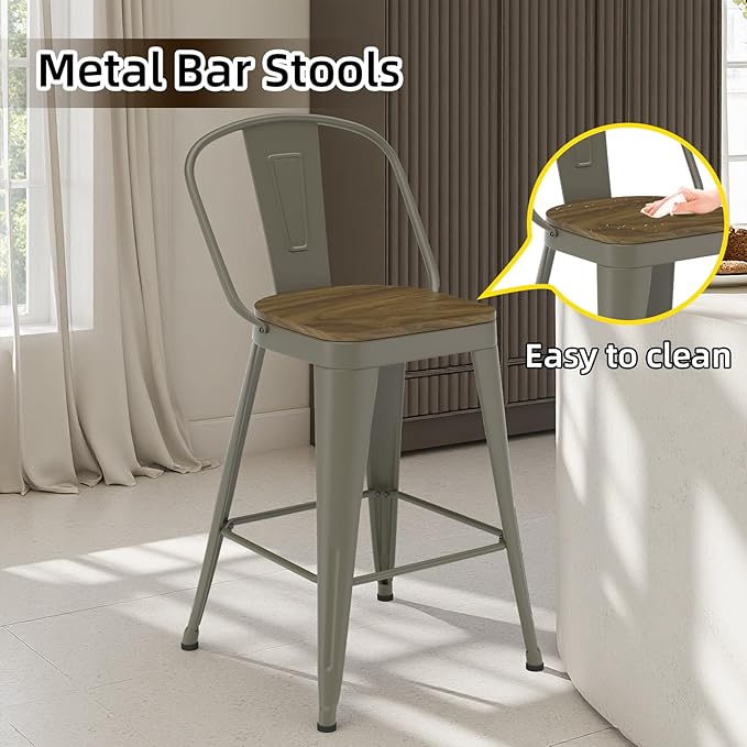 Metal Bar Stools Set of 4, High Back Bar Stools with Wooden Seat, 30 inch Rusty Barstools for Kitchen Island