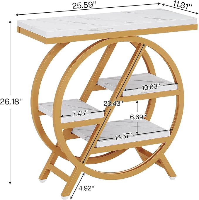 Tribesigns End Table for Living Room, 3-Tier Faux Marble Side Table with Storage, Wood Narrow Sofa Side Table with Geometric Metal Frame, Modern Nightstand and Bedside Table for Bedroom, Gold & White