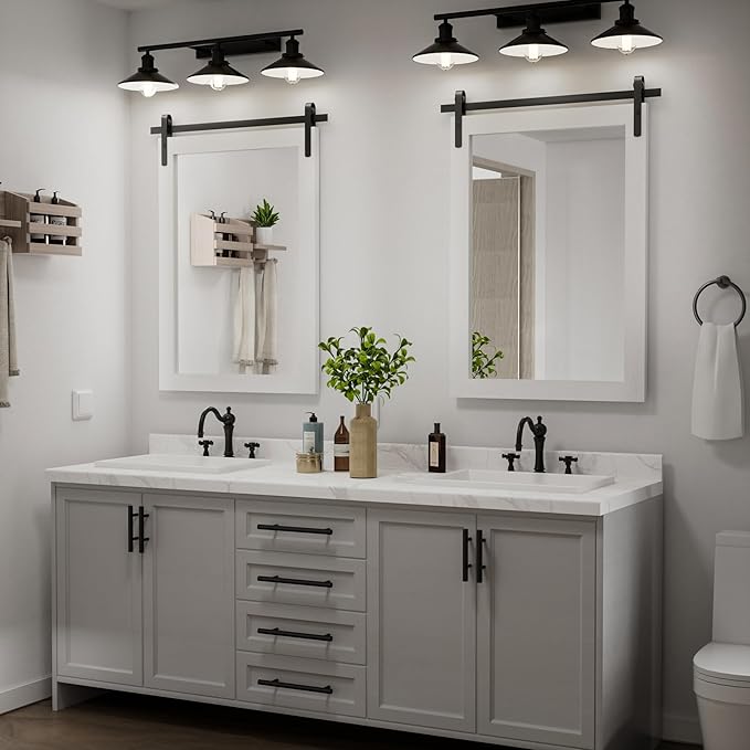 Farmhouse Mirror for Bathroom, White Rustic Vanity Mirror Wood Framed Decrative Mirrors, Barn Door Style Decor Entryway Bedroom 22x30INCH Horizontal