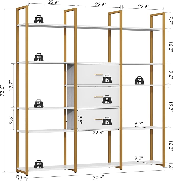 73.6" Tall Bookshelf with 3 Drawers and 16 Storage Shelves, Industrial Bookcase with 16 Open Display Shelves, Large Etagere Bookshelf, Triple Wide Book Shelf Book Case for Home & Office, Gold