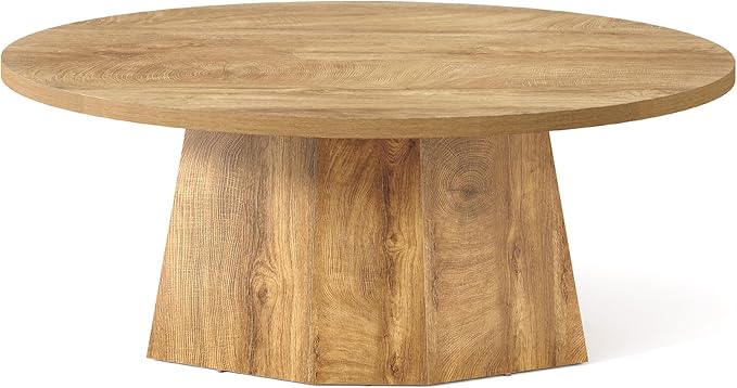 Oval Coffee Table, 47-Inch Living Room Table with Polygonal Pedestal, Modern Center Accent Furniture, Child-Friendly, Easy to Assembly, Yellowish Brown