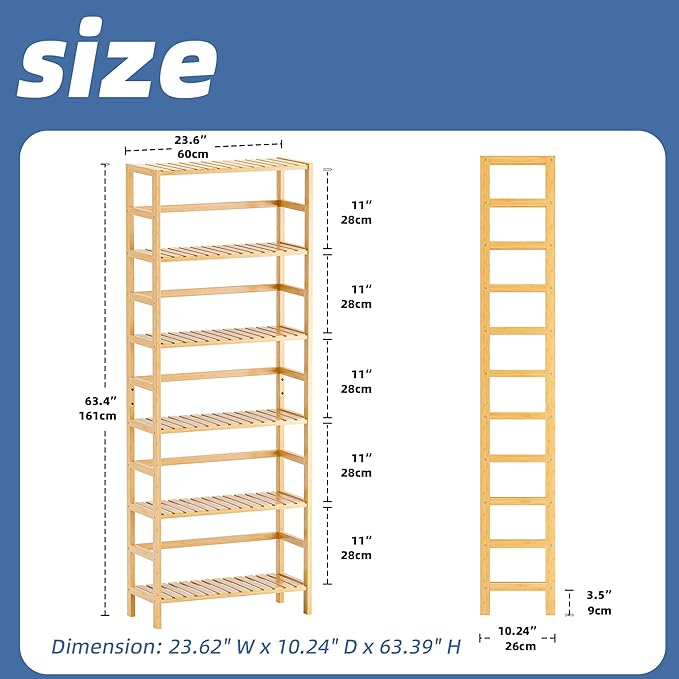 HITNET Bamboo Shelf, 6-Tier Adjustable Tall Open Bookcase, Bathroom Storage Rack Freestanding Shelving Unit, Plant Display Stand for Small Space, Natural