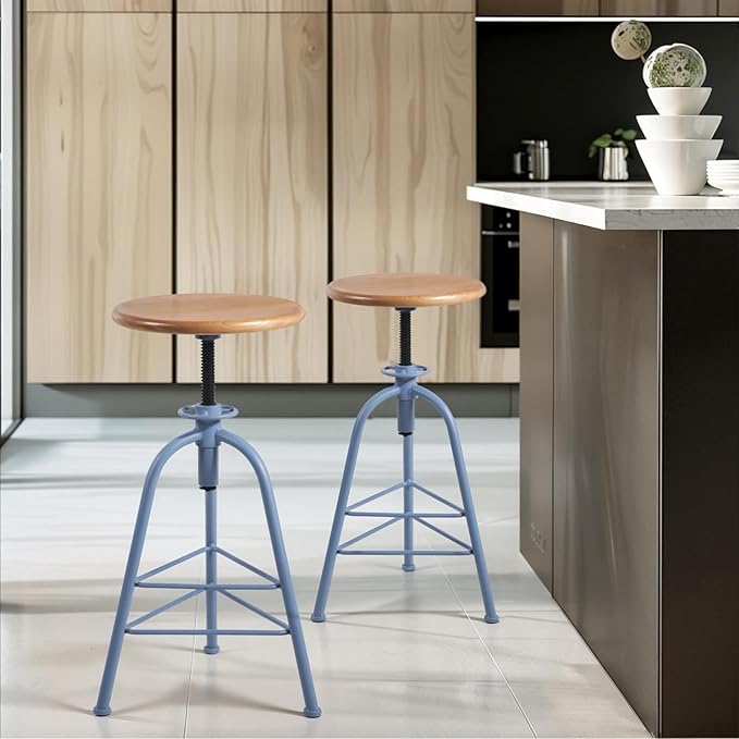 Industrial Bar Stools-Set of 2 24.4-28.3inch Counter Height Kitchen Stool-Modern Dinner Breakfast Chairs-Swivel Round Wooden Seat