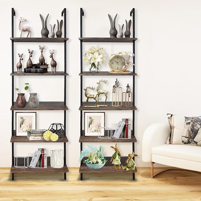 5 Tiers Ladder Shelf 2-Piece Black Modern Tall Bookshelf Open Large Tall Wall Mount Storage Bookcase Standing Leaning Wall Shelves Industrial Decorative (Brown)