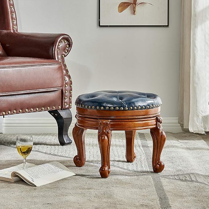 Solid Wood Foot Stool Round Ottoman Mid-Century Footrest Sofa Stool with Microfiber Leather Cushion for Living Room, Bedroom, Entryway (Dark Blue)