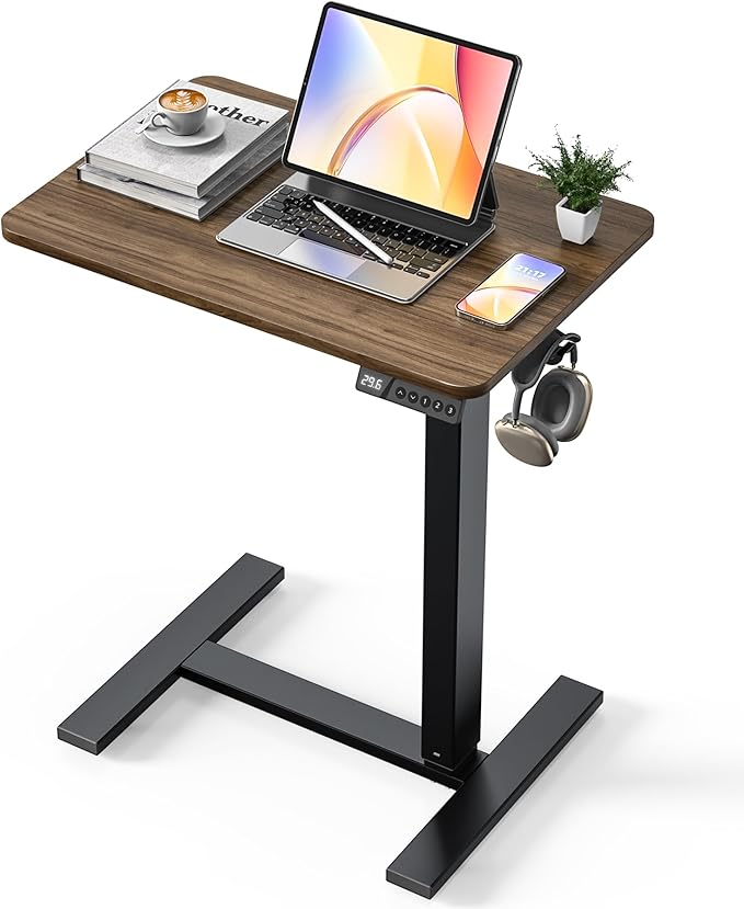 Electric Adjustable Height Standing Desk - Small Sit Stand Portable Rolling Laptop Table with Hidden Wheels, Small Computer Workstation for Bedside & Home Office Use (24"x16",Dark Walnut)