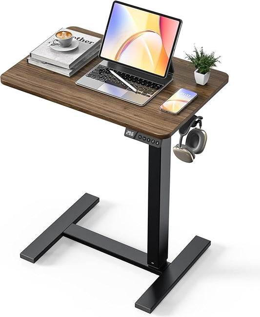 Electric Adjustable Height Standing Desk - Small Sit Stand Portable Rolling Laptop Table with Hidden Wheels, Small Computer Workstation for Bedside & Home Office Use (24"x16",Dark Walnut)