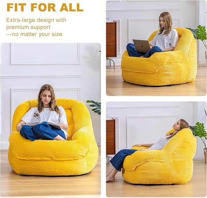 Giant Bean Bag Chair with Armrests - Oversized Cozy Seating for Adults, Corduroy Fabric & High - Density Foam Filling, Ideal Lounge for Living Room, Bedroom & Gaming Room (Corn Yellow)