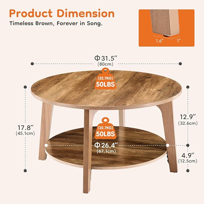 Sweetcrispy Round Coffee Table, 32'' Wood Coffee Tables for Living Room with Storage, 2-Tier Center Circle Counter with Wooded Desktop, 50 lbs Capacity, Anti-Slip Feet, Modern Farmhouse Design, Brown