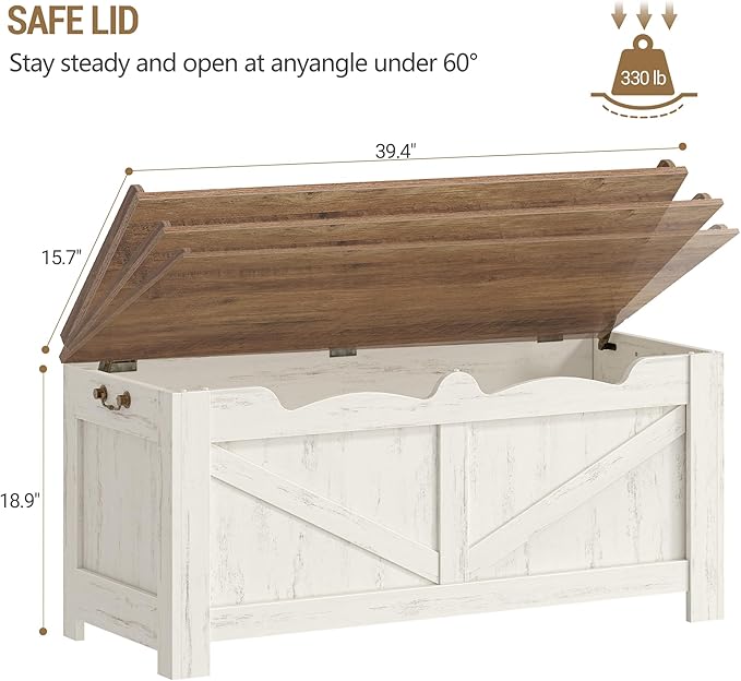 39.4" Storage Chest, Extra Large Storage Trunk with 2 Safety Hinges, Wooden Box Bench, Lift-Top Organizer Chest, Shoe Bench for Entryway, Bedroom, Living Room, White and Brown SB04514B