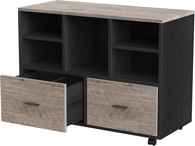 Tribesigns 2-Drawer Wood File Cabinet, Mobile Lateral Filing Cabinet for Hanging Letter Size Files, Printer Stand with Open Storage Shelves for Home Office (Gray & Black)