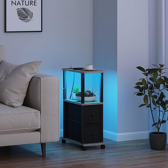 TUTOTAK Small Narrow End Tables, LED Side Tables with 2 Fabric Drawers, Set of 2, Bedside Tables with Charging Station for Small Spaces, Slim Nightstands with USB Ports and Wheels, TB01BG053L