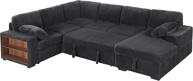 Eafurn Oversized U Shaped Convertible Sleeper Sectional Sofa w/Pull Out Couch Bed, 6 Seater Corduroy Upholstered Corner Lounge Sofa Couch Sleeper Sofabed w/Storage Chaise,Shelves