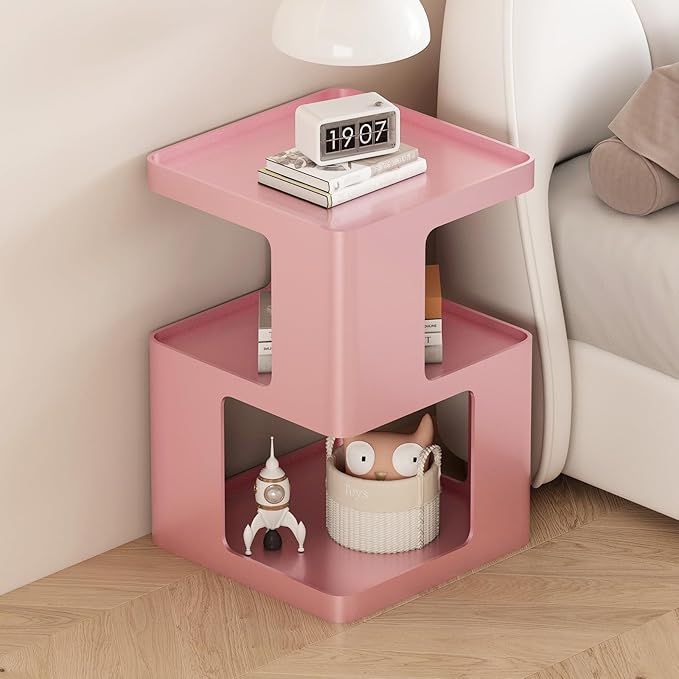 Metal Small Nightstands, Modern Side Table with 3 Tiers Storage, Pink End Table for Couch, Living Room Bedroom, Bedside Tables No Assembly Required