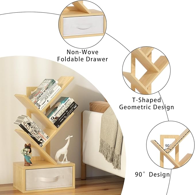 Small Book Shelf with Drawer,4 Tier Black Tree Bookshelf,Wooden Desktop Bookcase,Modern Desk Display Storage Bookshelves,Floor Standing Organizer Bookcases for Living Room,Bedroom,Office