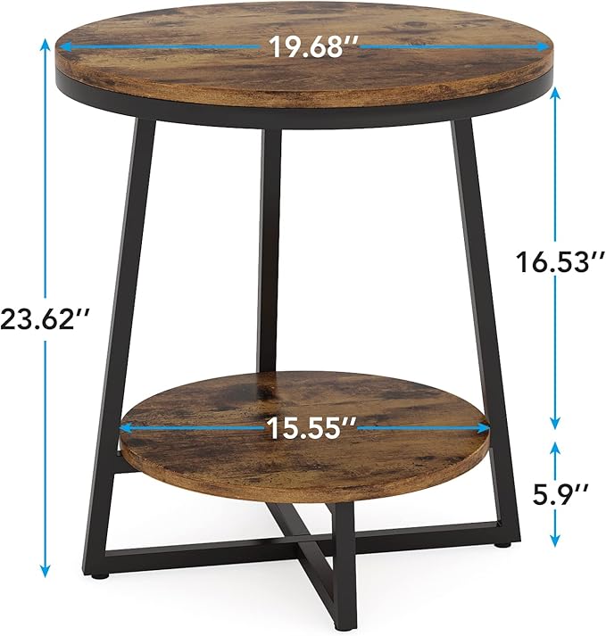 Tribesigns Round End Table Set of 2, 2 Tier Side Table with Storage Shelf, Industrial Nightstand Bedside Table Coffee Accent Table for Living Room Small Space, Rustic Brown