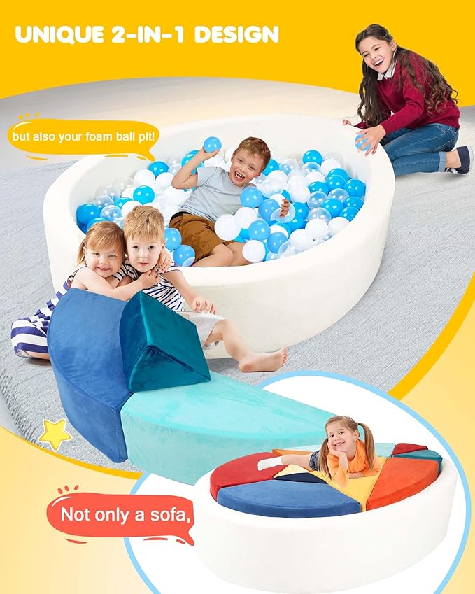 Kids Play Couch, 2-in-1 Egg-Shape Kid Plays Sofa with Unique Ball Pit(no Balls Included), Tangram Puzzle Play Couch for Playroom, Modular Play Couchs for Inspiring Creativity, Samba