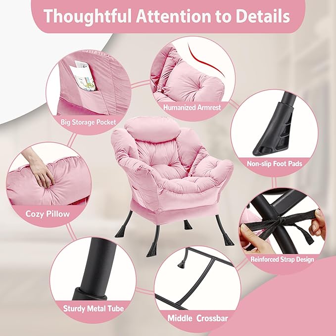 Lazy Chair Thick Padded, Comfy Velvet Accent Lounge Chair with Stable Frame, Leisure Sofa Armchair with Armrests and Side Pocket, Reading Chair for Bedroom, Living Room, Office, Pink