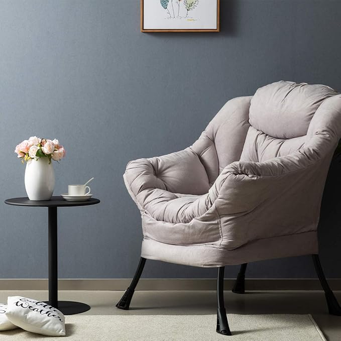 HollyHOME Modern Large Cotton Fabric Lazy Chair，Accent Contemporary Lounge Chair, Single Steel Frame Leisure Sofa Chair with Armrests and A Side Pocket, Grey