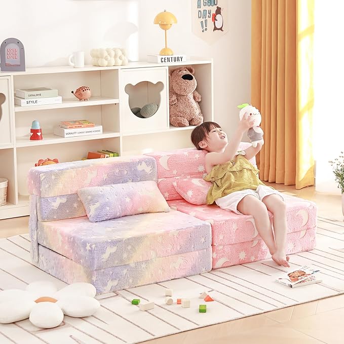 Folding Sofa Bed Floor Mattress for Kids with Pillow, Toddler Glow Washable Folding Floor Nap Mat for Sleeping, Child Fold Up Sofa Futon Chair Bed with Storage Bag for Girls Boys