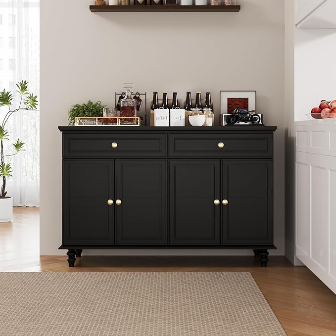47.6" Buffet Sideboard with 2 Drawers and 4 Doors, Wooden Kitchen Storage Cabinet with Adjustable Shelves, Rustic Top Console Table for Dining Room, Kitchen, or Entryway,Black