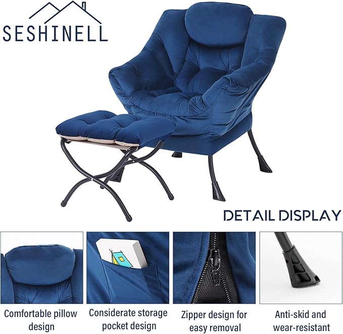 Lazy Chair with Ottoman, Modern Accent Chair Lounge Leisure Sofa Chair with Armrests, Reading Chair and Folding Footstool for Living Room, Bedroom, Office, Royal Blue