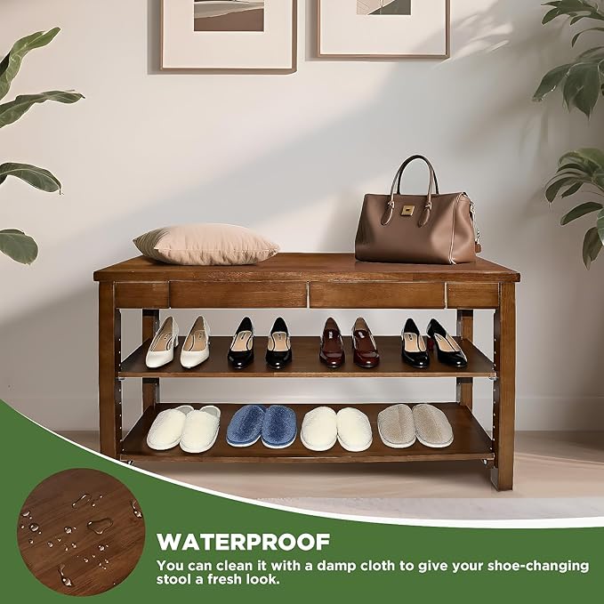 Wood Shoe Bench Entryway with Drawer: 2-Tiers Wooden Storage Shoe Rack with Bench Seat, Compact Mid-Century Modern Design for Entryway, Hallway, Closet, Front Door Entrance, Foyer 43.3" Walnut