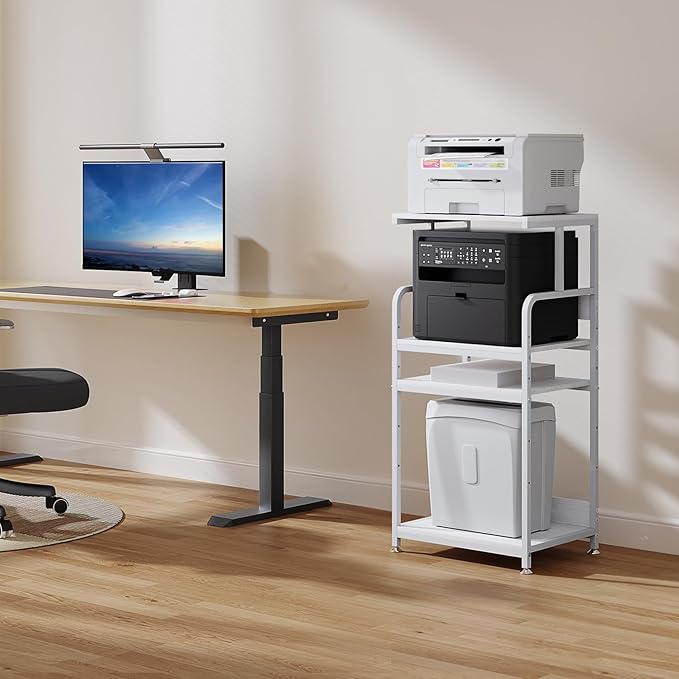4 Tier White Printer Stand with Storage Shelf, Large Tall Printer Table for Home Office, Rolling Printer Cart with Industrial Wheels for Paper Shredder Scanner Fax Heat Press Small Space (White)