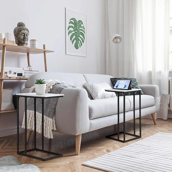 C Shaped Side Table Set of 2, Marble End Table for Sofa and Bed, Couch Table That Slide Under, Snack Side Table for Living Room, Bedroom or Small Spaces, White and Black