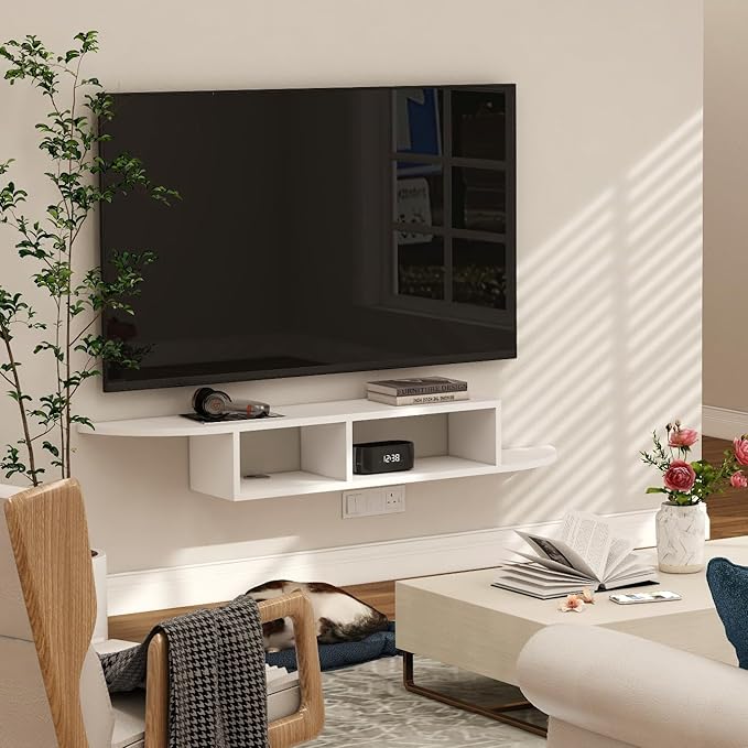 GHC Floating TV Stand, Wall Mounted Entertainment Center and Cabinet Shelf, TV Console with Storage, Media Console for DVD Player, Space-Saving Under TV Shelf for Bedroom, Living Room (White)