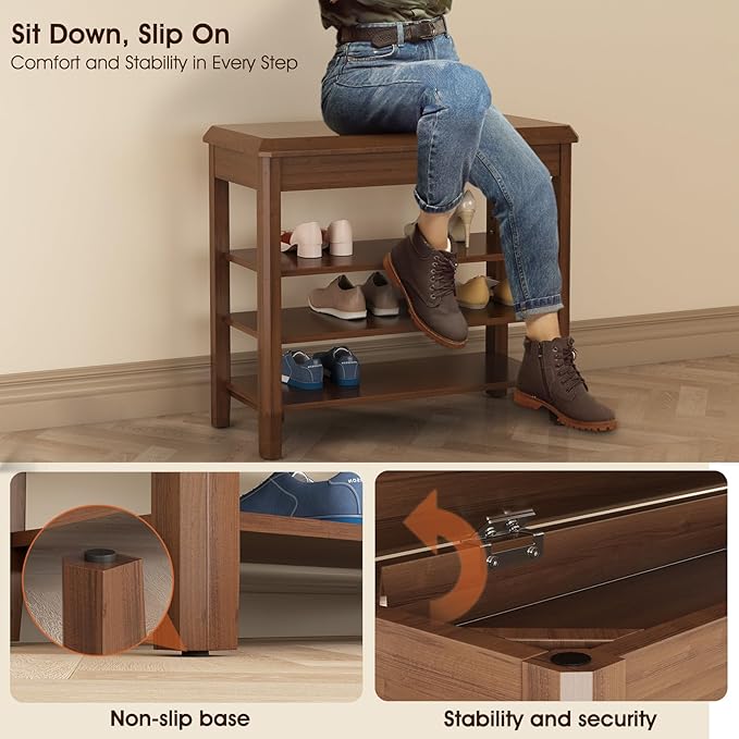 Shoe Rack Bench Seat Rubberwood 3-Tier Wooden Storage Bench 550lbs Compact Mid-Century Modern Design for Entryway, Hallway, Closet, Front Door Entrance, Foyer