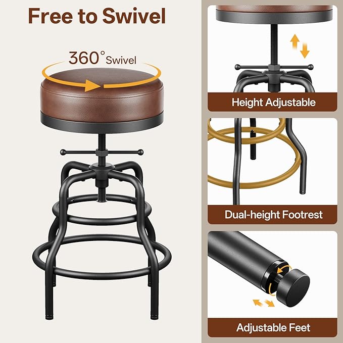Adjustable Height Swivel Bar Stools Set of 2, 22-29 Inch Industrial Vintage Bar Counter Height Stools with Thicken Premium Bonded Leather Seats & Updated Footrests, Easy Assembly, Brown