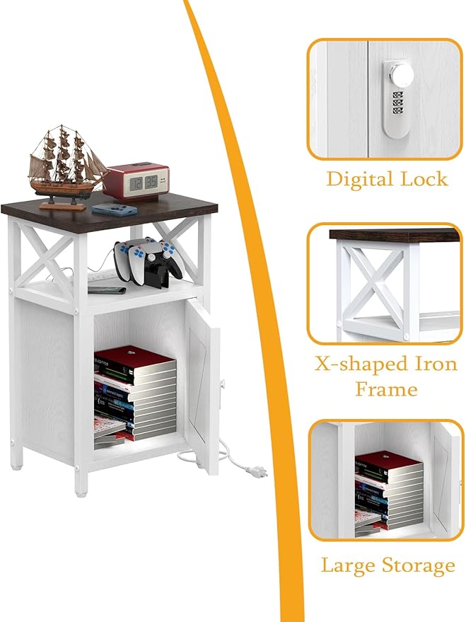 Wooden Nightstand with Lock, Bed Side Table with Drawers, Bedside Table with Charging Station, 3 USB & 2 Outlets, Night Stand with Storage, End Tables for Living Room, Bedroom, Dorm, Walnut
