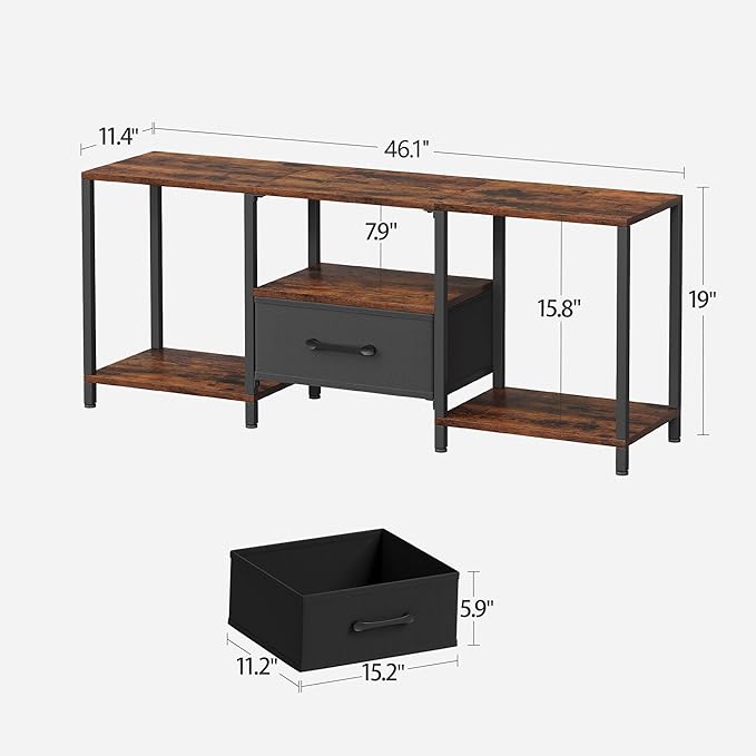 TV Stand with Fabric Drawer for 55 Inch TV, Entertainment Center with Open Shelves, Media TV Console Table for Living Room, Bedroom, Rustic Brown