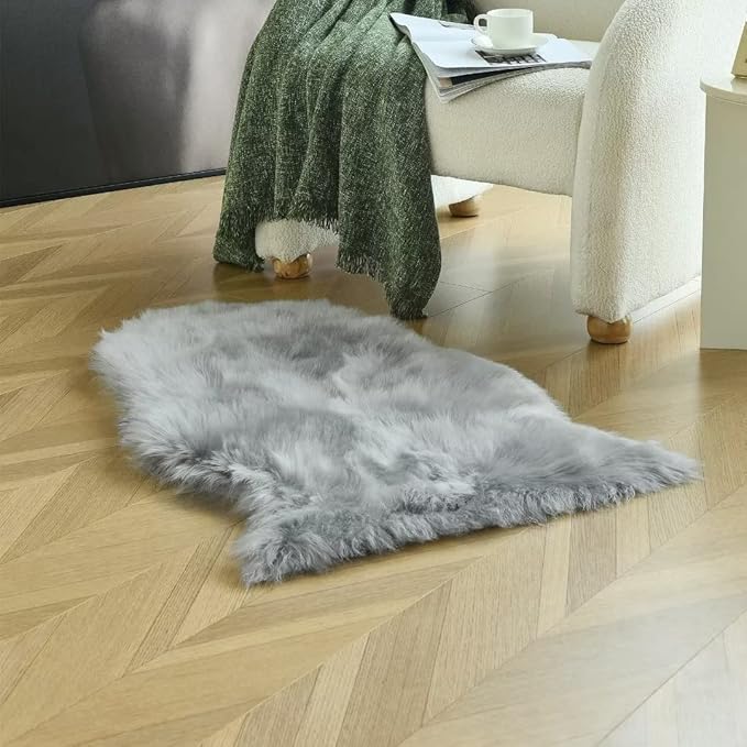 duduta Gray Faux Sheepskin Chair Seat Covers, Fluffy Shag Fur Throw Rugs Room Decor 2x3 ft