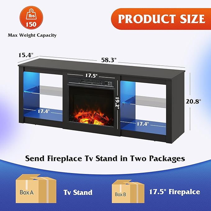WLIVE 58 Inches Fireplace TV Stand with LED Lights, Modern Entertainment Center with 18'' Electric Fireplace & Adjustable Glass Shelves, Sturdy Media Console for Living Room, Bedroom,Gaming (Black)