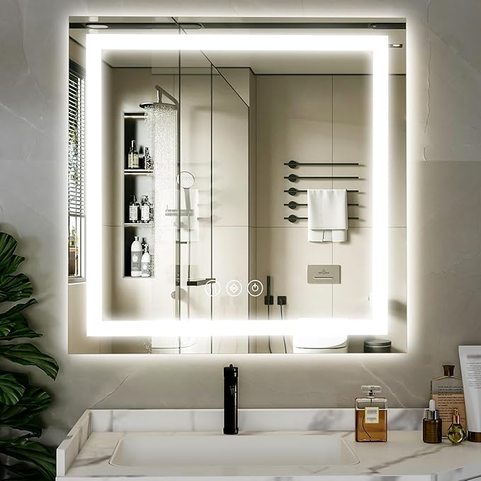 47"x 47" LED Bathroom Mirror, Backlit + Front Lit, LED Bathroom Mirror with Lights for Wall, 3 Colors, Anti-Fog, Dimmable Brightness, Memory Function, Tempered Glass