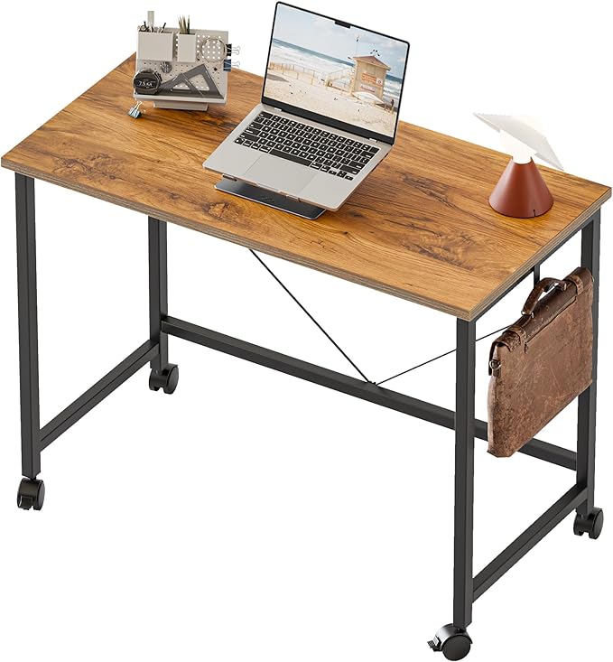Rolling Computer Desk with Wheels, Gaming Desk for Small Spaces, Modern Simple Style Table for Home Office, Study Writing Table (Caster, Light Antique, 32 inch)
