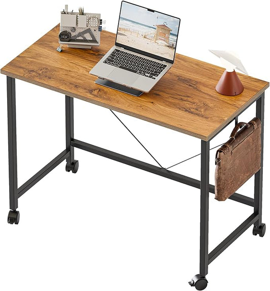 Rolling Computer Desk with Wheels, Gaming Desk for Small Spaces, Modern Simple Style Table for Home Office, Study Writing Table (Caster, Light Antique, 32 inch)