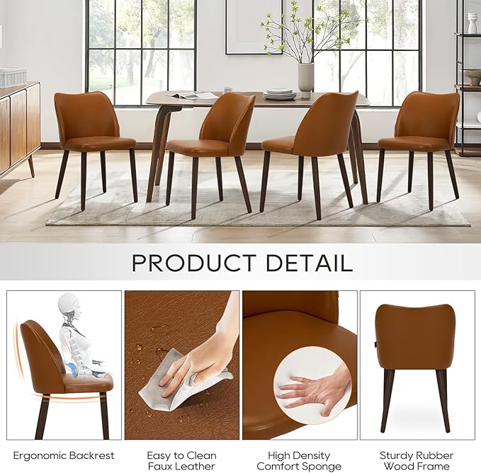 COLAMY Upholstered Dining Chairs Set of 2, PU Leather Dining Room Kitchen Side Chair with Padded Seat and Wood Legs Restaurant/Cafe,Light Brown